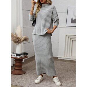 Turtleneck Dropped Shoulder Long Sleeve T-Shirt And Midi Skirt Casual Outfit